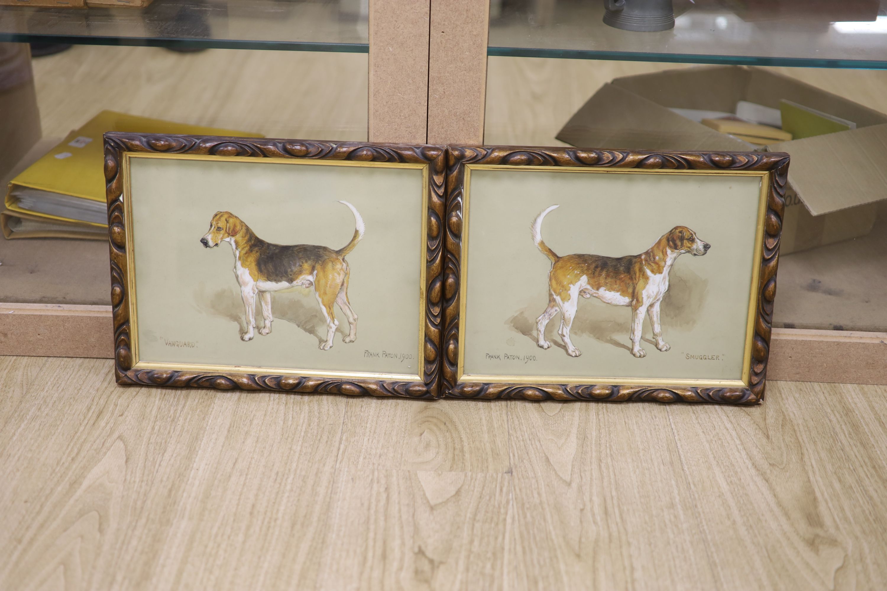 Frank Paton (1856-1909), pair of watercolours, Portraits of fox hounds; Smuggler and Vanguard, signed and dated 1900, 23 x 32cm